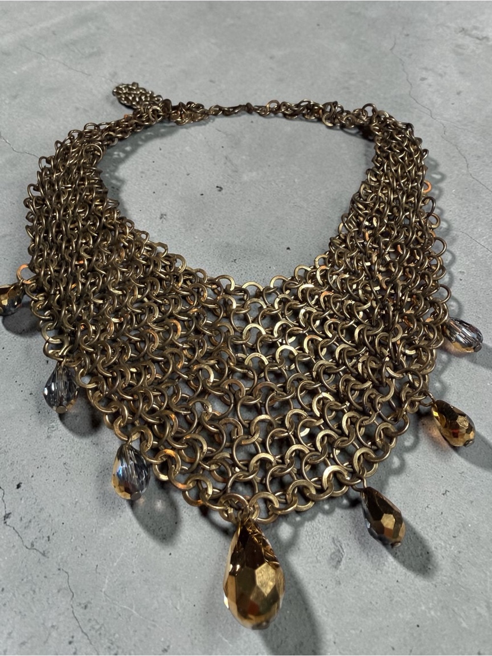 Gold Statement Chain Mail Bib Necklace with Amber Teardrops